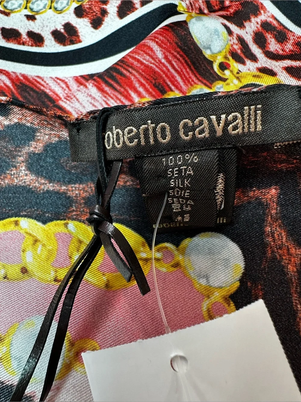 Roberto Cavalli Pink Leopard Print Silk Scarf with Gold Chain Motif